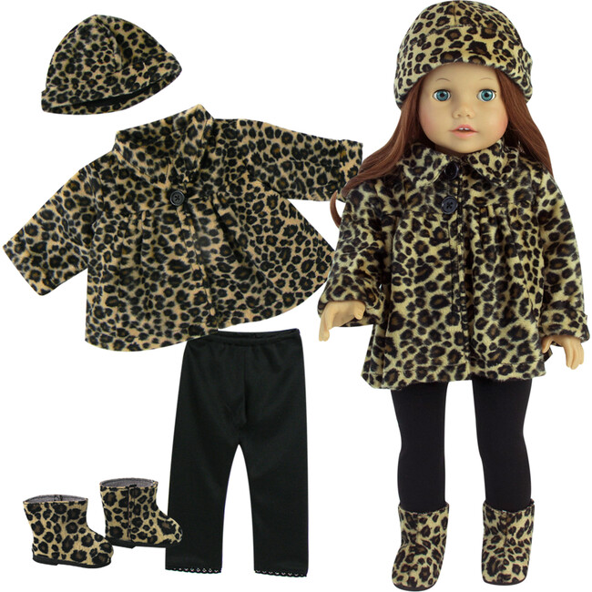 18'' Doll Animal Print Coat, Hat, Black Leggings & Boots, Tan - Doll Accessories - 1