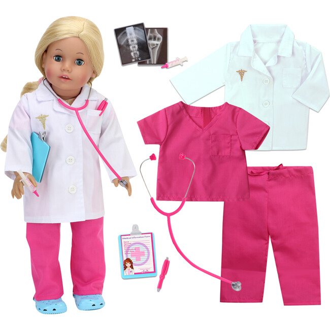 18'' Doll Doctor's Visit Outfit & Medical Accessories, Hot Pink