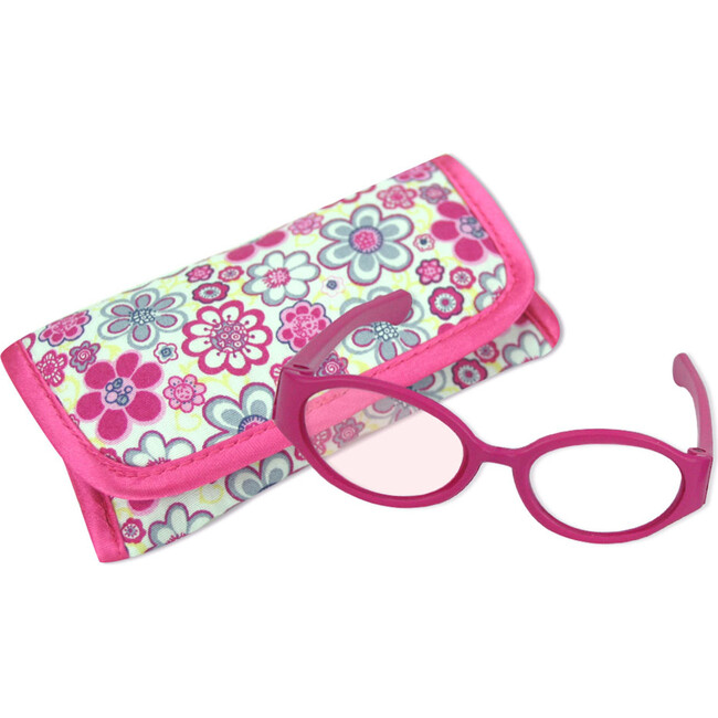 18'' Doll Flower Print Flap Case & Hot Pink Plastic Eyeglasses Set, Hot Pink