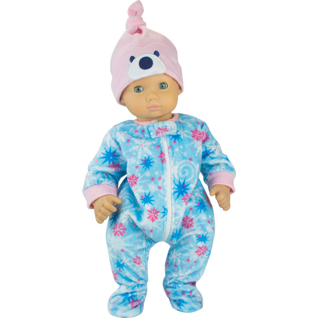 15" Doll Print Fleece Sleeper & Hat, Light Blue - Doll Accessories - 1