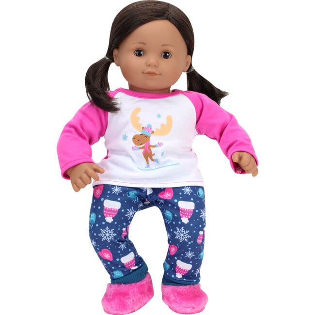 15" Doll, Moose Print Winter Pj's & Slippers - Teal