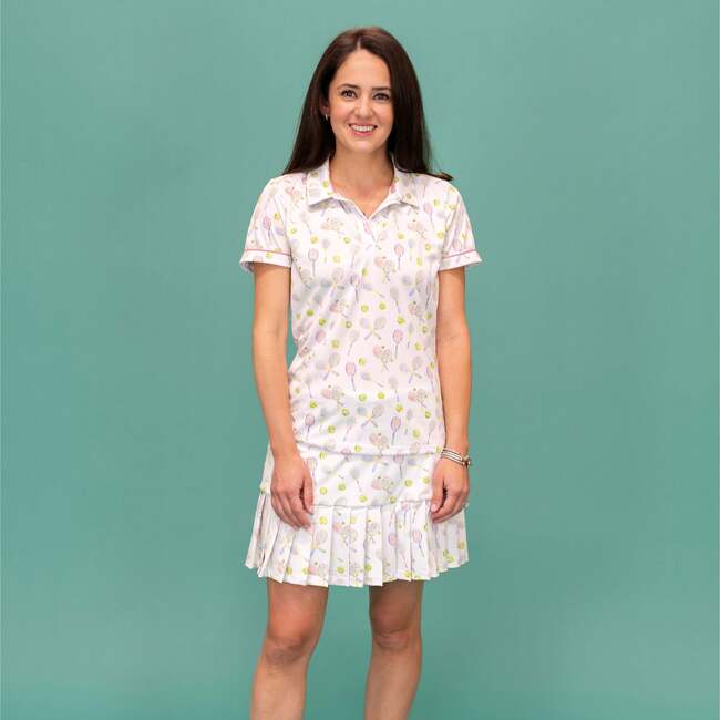 Women's Simona Racket Print Short Sleeve Top, White - Polo Shirts - 4