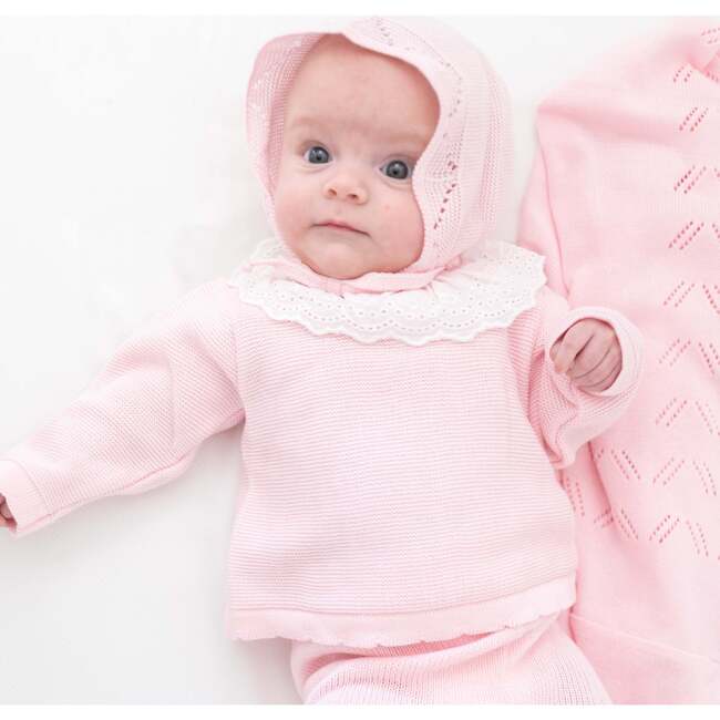 Knit Baby Bonnet, Pink - Hats - 2