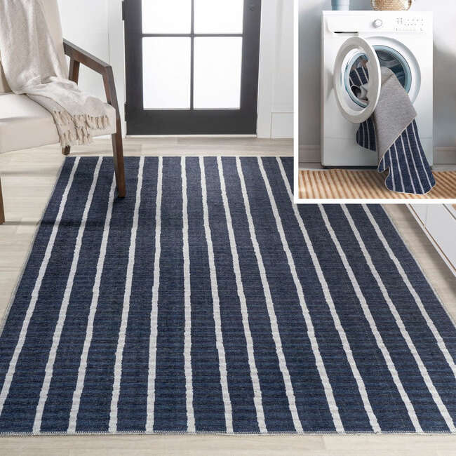 Rand Distressed Ticking Stripe Machine-Washable Area Rug, Navy/Gray