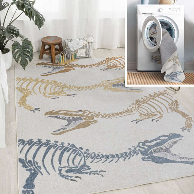 Kingdarr T-Rex Modern Kids Machine-Washable Area Rug, Cream/Multi
