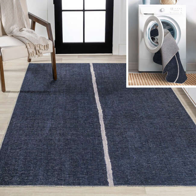 Linja Solid Centre Stripe Machine-Washable Area Rug, Navy/Gray