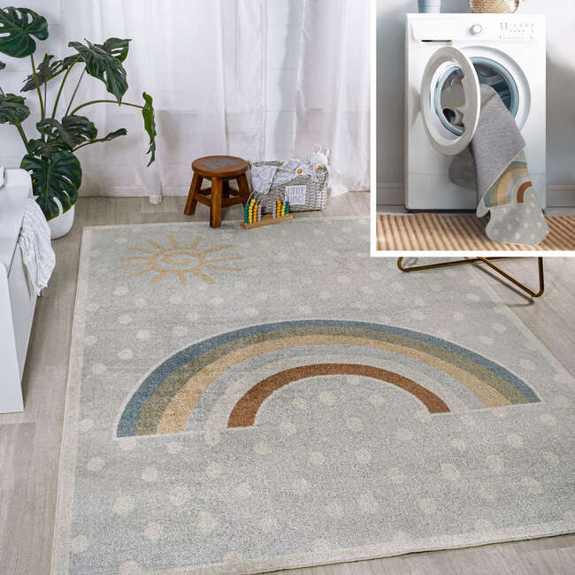Minha Rainbow Dot Modern Machine-Washable Area Rug, Gray/Ivory/Yellow