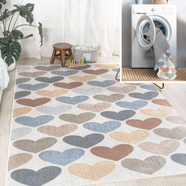 Dila Modern Hearts Geometric Machine-Washable Area Rug, Ivory/Blue/Orange