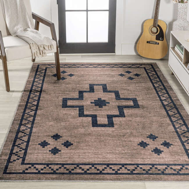 Korsa Geometric Medallion Machine-Washable Area Rug, Red/Dark Gray