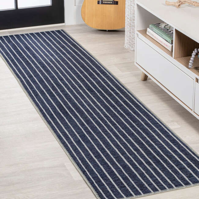 Rand Distressed Ticking Stripe Machine-Washable Area Rug, Navy/Gray - Rugs - 4