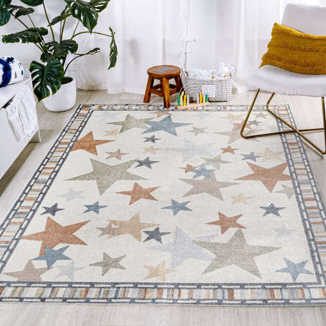 Star Gazer Geometric Machine-Washable Area Rug, Ivory/Blue/Orange - Rugs - 3