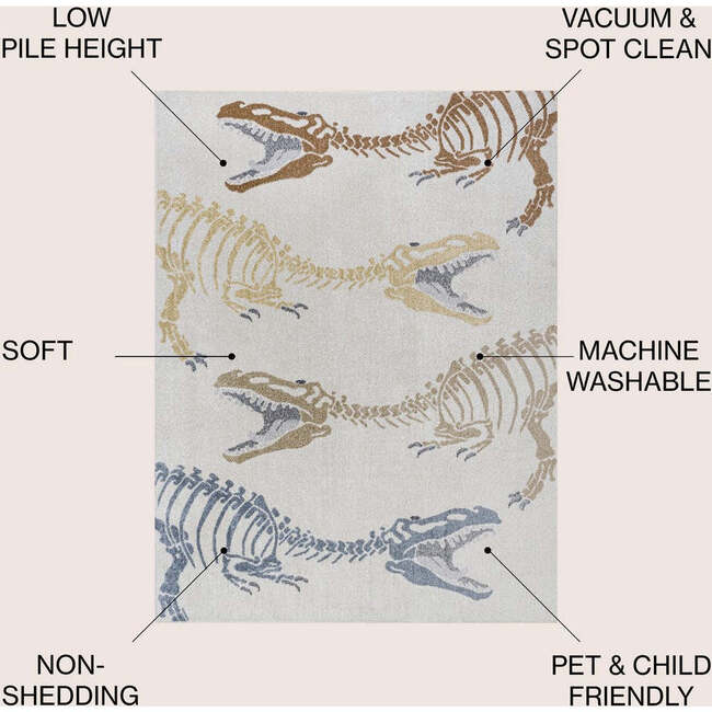 Kingdarr T-Rex Modern Kids Machine-Washable Area Rug, Cream/Multi - Rugs - 5
