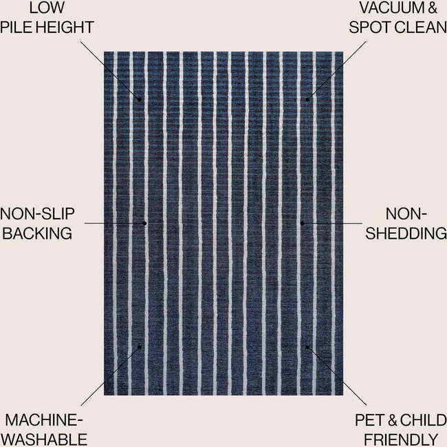 Rand Distressed Ticking Stripe Machine-Washable Area Rug, Navy/Gray - Rugs - 5