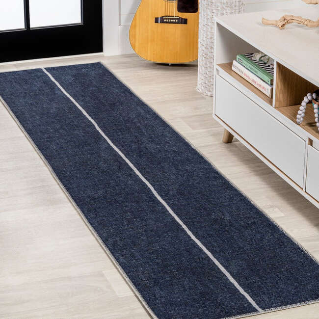 Linja Solid Centre Stripe Machine-Washable Area Rug, Navy/Gray - Rugs - 4