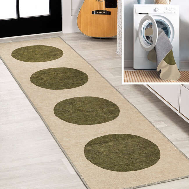 Cirkel Minimalist Geometric Dot Machine-Washable Area Rug, Cream/Green