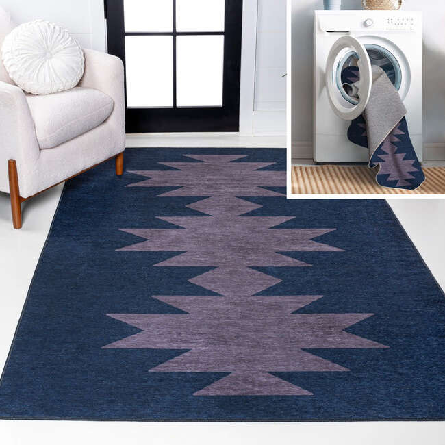 Chayton Minimalist Geometric Machine-Washable Area Rug, Navy/Purple