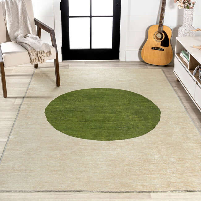 Cirkel Minimalist Geometric Dot Machine-Washable Area Rug, Cream/Green - Rugs - 3