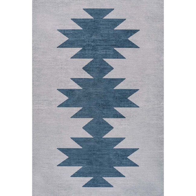 Chayton Minimalist Geometric Machine-Washable Area Rug, Grey/Blue