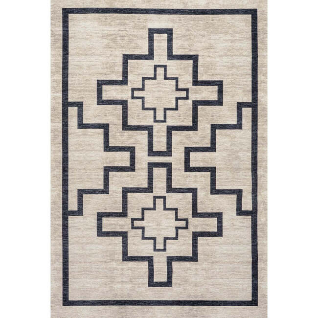 Ashkii Minimalist Medallion Machine-Washable Area Rug, Ivory/Dark Gray
