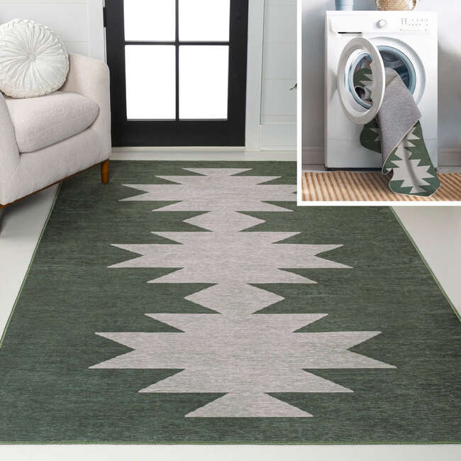 Chayton Minimalist Geometric Machine-Washable Area Rug, Dark Green/Light Grey