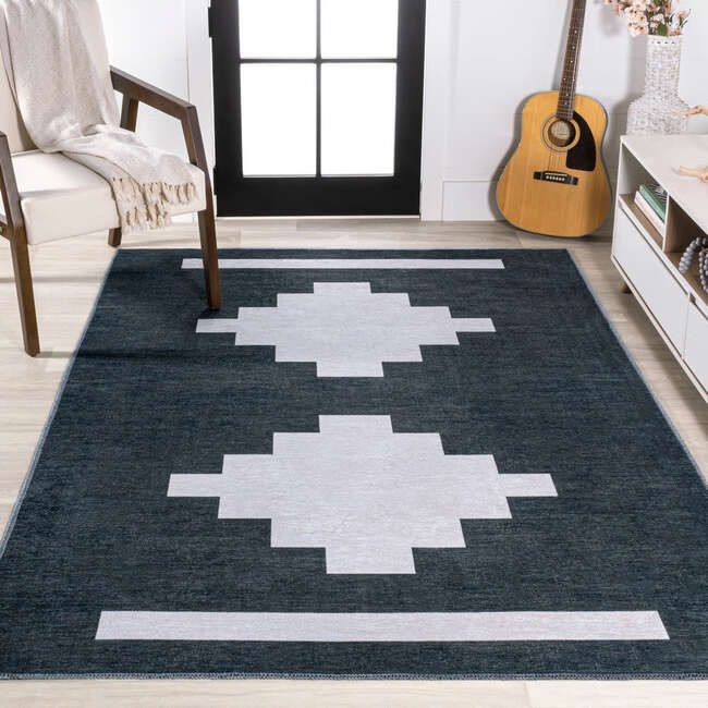 Adriel Geometric Medallion Machine-Washable Area Rug, Navy/Light Gray