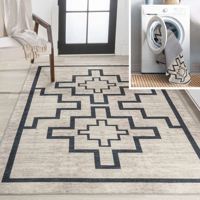 Ashkii Minimalist Medallion Machine-Washable Area Rug, Ivory/Dark Gray