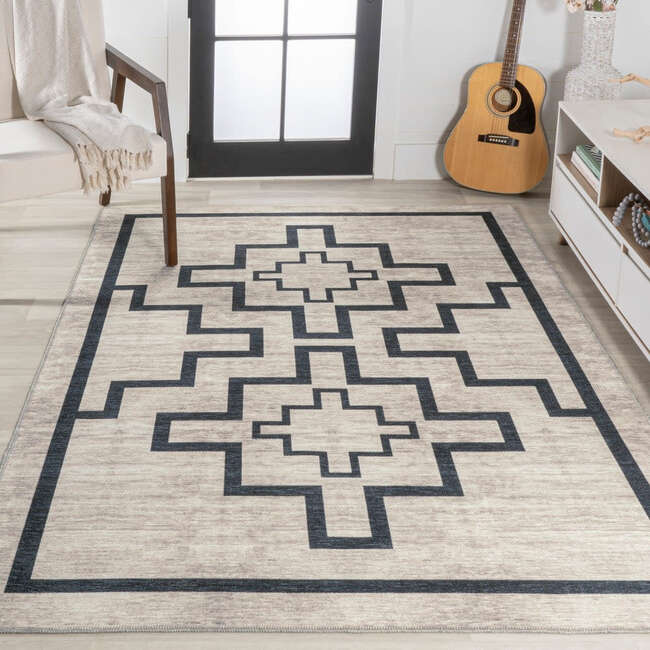 Ashkii Minimalist Medallion Machine-Washable Area Rug, Ivory/Dark Gray - Rugs - 3