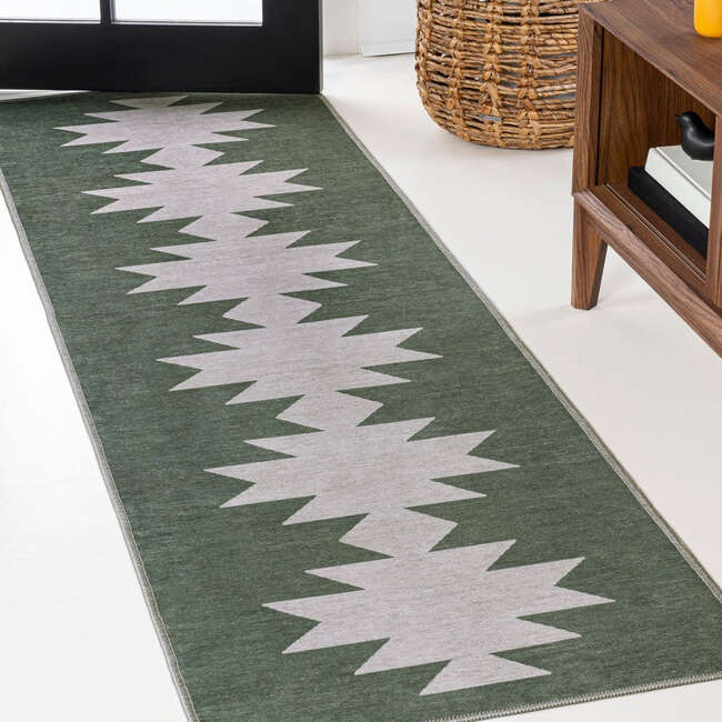 Chayton Minimalist Geometric Machine-Washable Area Rug, Dark Green/Light Grey - Rugs - 4