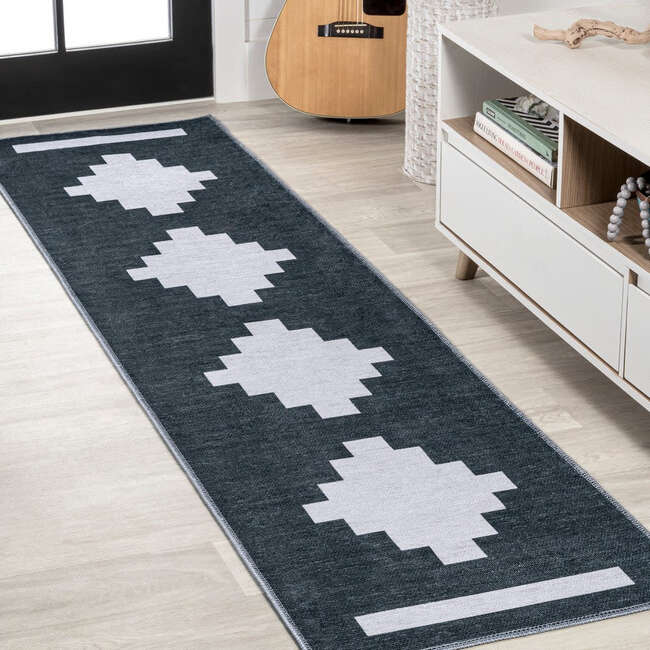 Adriel Geometric Medallion Machine-Washable Area Rug, Navy/Light Gray - Rugs - 4