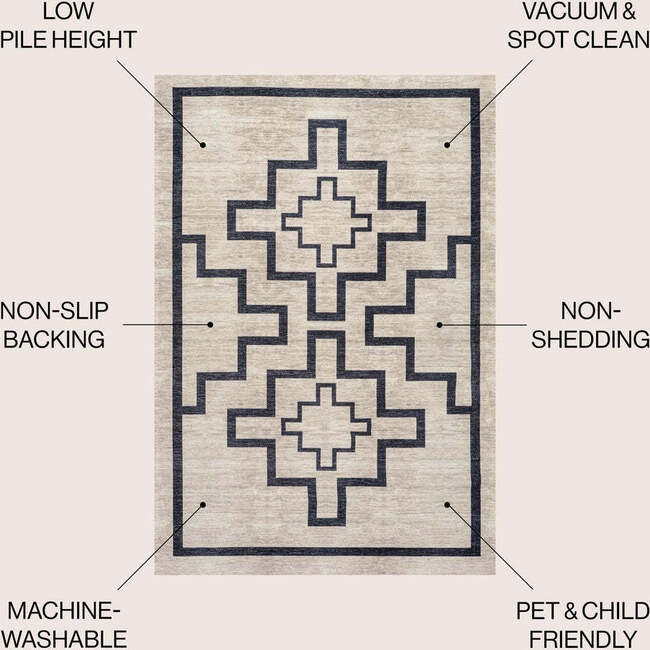 Ashkii Minimalist Medallion Machine-Washable Area Rug, Ivory/Dark Gray - Rugs - 6
