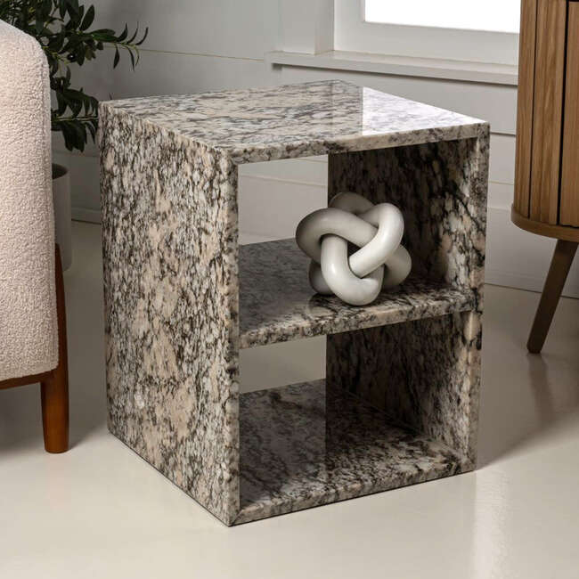 Sloane 20" Modern Natural Marble Handmade Rectangular 2-Shelf End Table, Beige/Dark Taupe