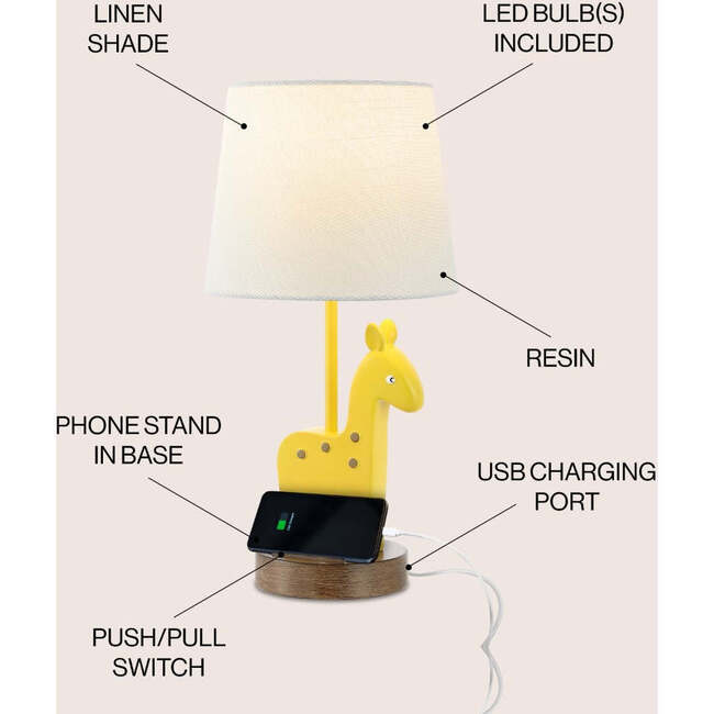 Sahara 17.5" Mid-Century Vintage Iron/Resin Giraffe LED Kids' Table Lamp with Phone Stand and USB Charging Port, Yellow