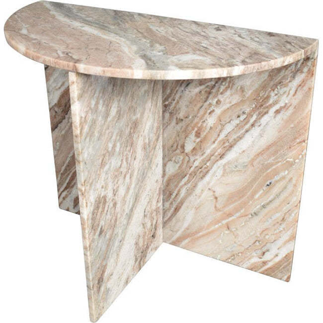Patrice 20" Art Deco Minimalist Natural Marble Handmade Demilune Side Table, Pink/Beige/White