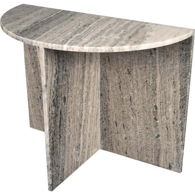 Patrice 20" Art Deco Minimalist Natural Marble Handmade Demilune Side Table, Gray/Beige