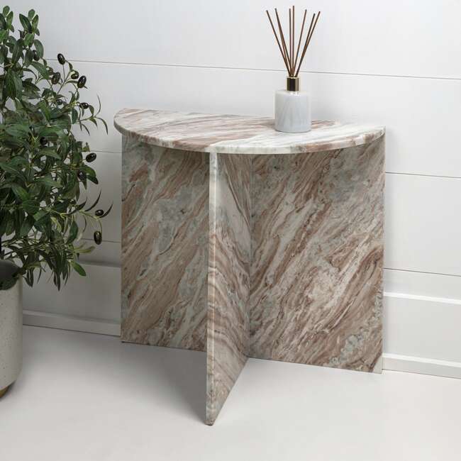 Patrice 20" Art Deco Minimalist Natural Marble Handmade Demilune Side Table, Pink/Beige/White