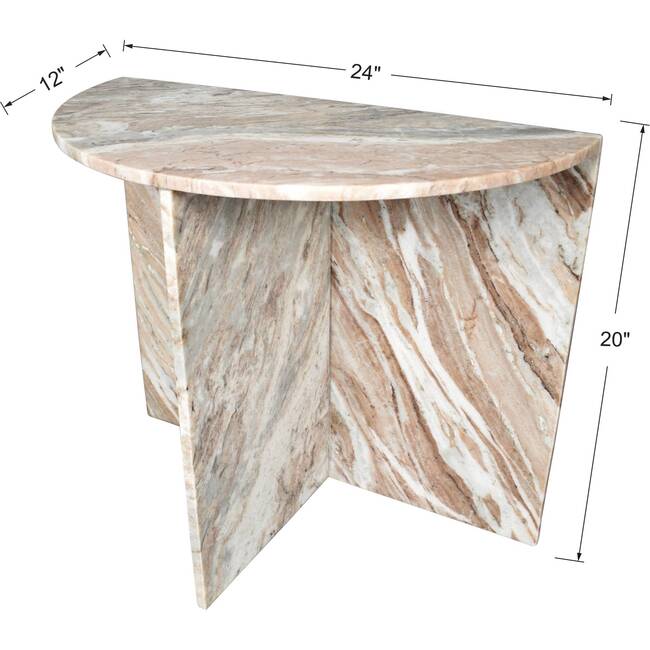Patrice 20" Art Deco Minimalist Natural Marble Handmade Demilune Side Table, Pink/Beige/White - Accent Tables - 5
