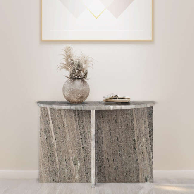 Patrice 20" Art Deco Minimalist Natural Marble Handmade Demilune Side Table, Gray/Beige - Accent Tables - 3