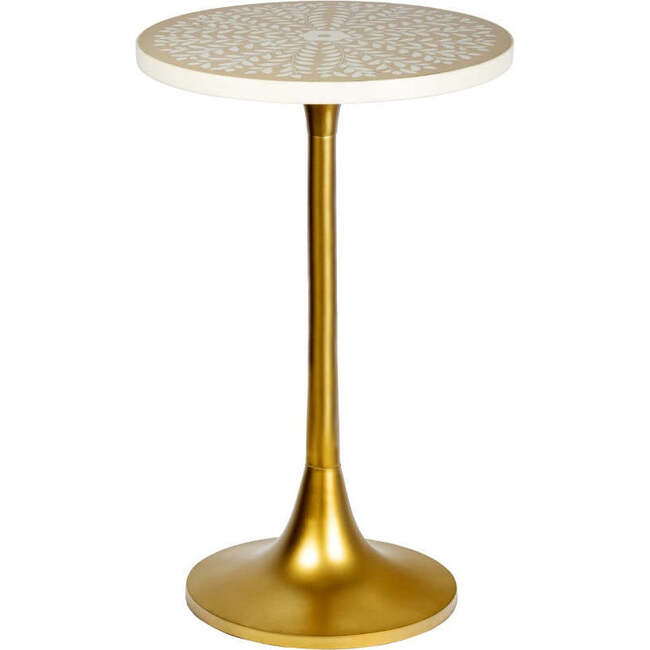 Nysha 25" Modern Bohemian Metal/Resin Inlay Top Pedestal Drink Table and Decorative End Table, Beige/White