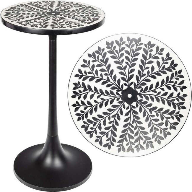 Nysha 25" Modern Bohemian Metal/Resin Inlay Top Pedestal Drink Table and Decorative End Table, Black/White