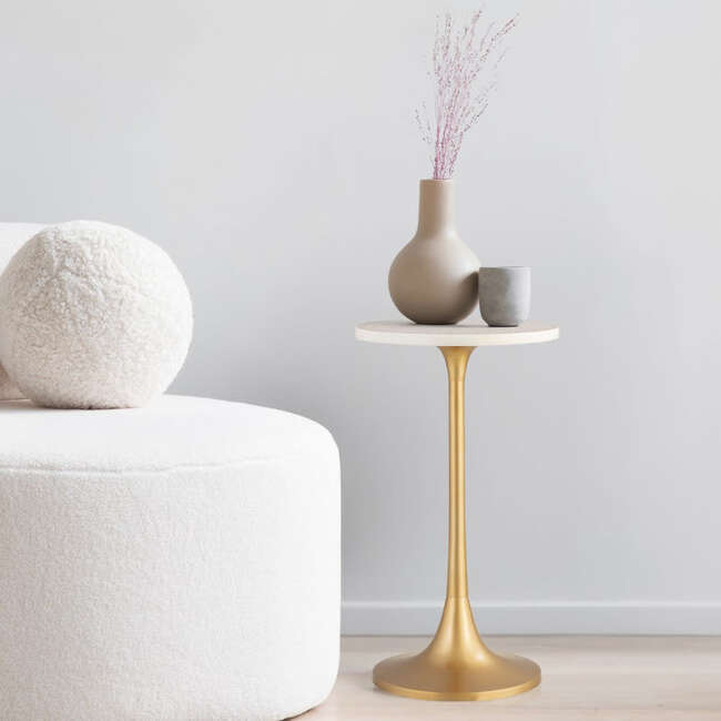 Nysha 25" Modern Bohemian Metal/Resin Inlay Top Pedestal Drink Table and Decorative End Table, Beige/White