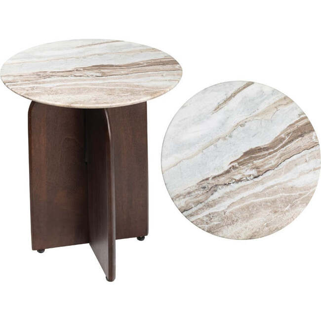 Naomi 18" Rustic Minimalist Marble/Wood X-Base Accent Table, White Marble/Walnut Wood