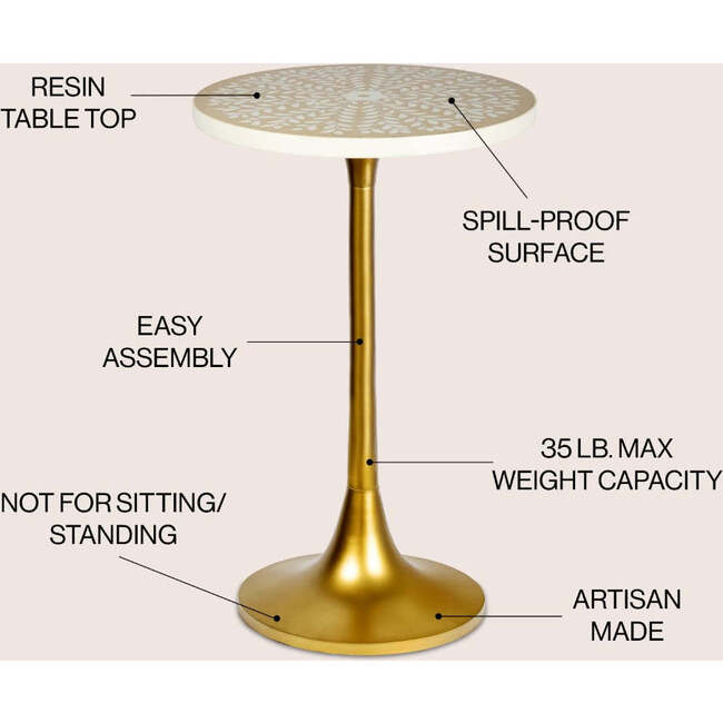 Nysha 25" Modern Bohemian Metal/Resin Inlay Top Pedestal Drink Table and Decorative End Table, Beige/White - Accent Tables - 3