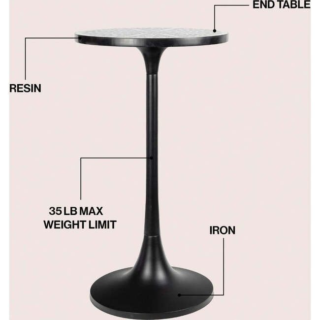 Nysha 25" Modern Bohemian Metal/Resin Inlay Top Pedestal Drink Table and Decorative End Table, Black/White - Accent Tables - 3