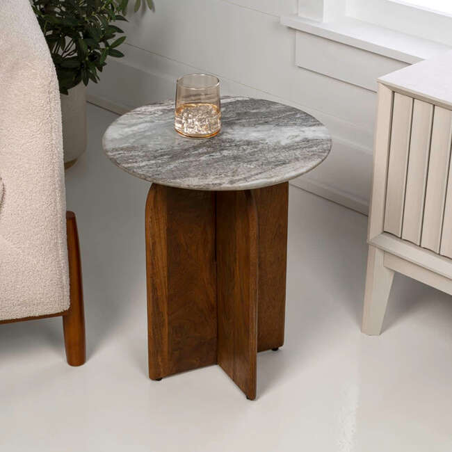 Naomi 18" Rustic Minimalist Marble/Wood X-Base Accent Table, White Marble/Honey Wood