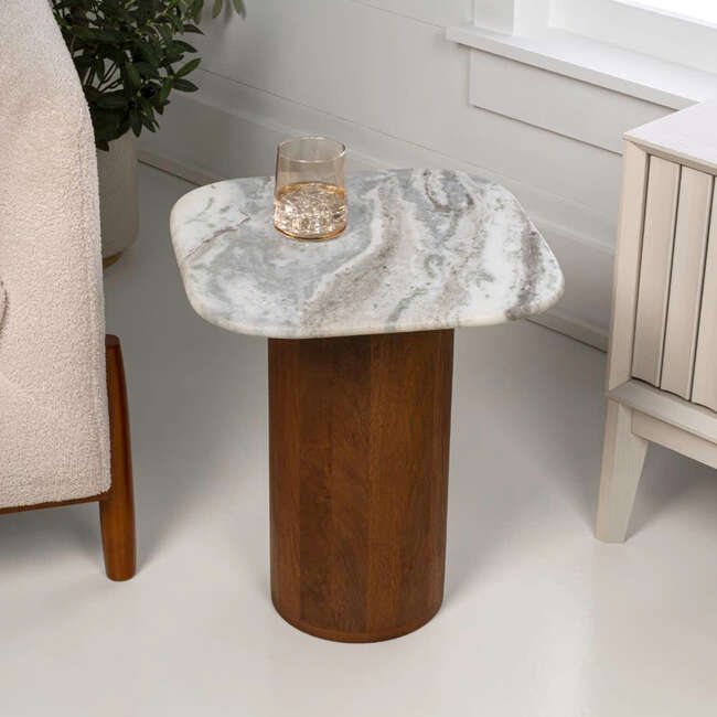 Milos 18" Rustic Minimalist Square Marble/Wood Accent Table, White Marble/Honey Wood