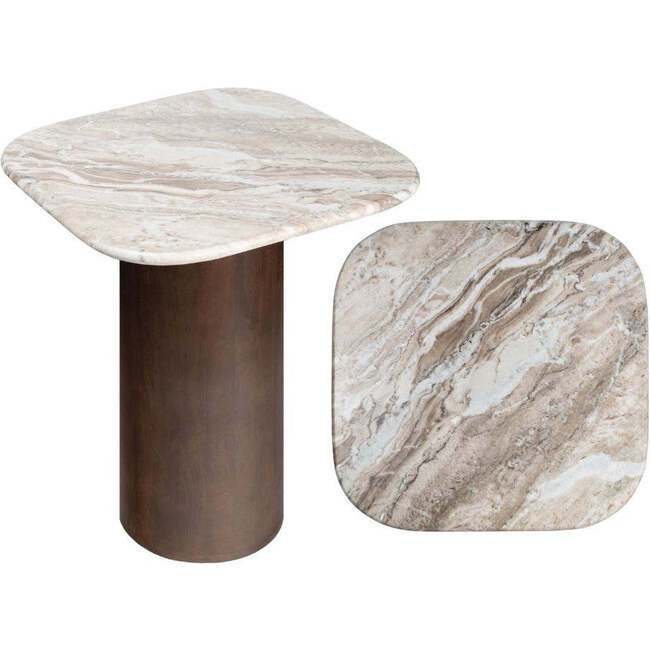 Milos 18" Rustic Minimalist Square Marble/Wood Accent Table, White Marble/Walnut Wood