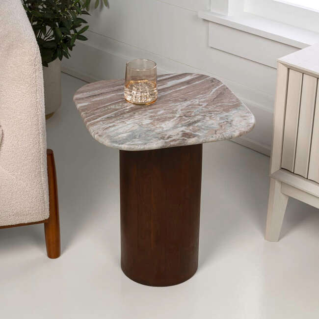 Milos 18" Rustic Minimalist Square Marble/Wood Accent Table, White Marble/Walnut Wood
