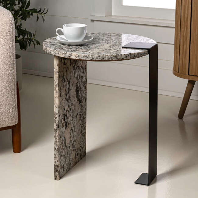 Lyra 20.66" Contemporary Natural Marble/Metal Handmade Round End Table, Ivory/Black