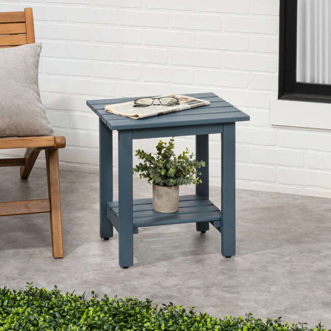 Kellie 16.1" Cottage Classic Slatted Solid Acacia Wood Indoor/Outdoor Side Table with Shelf, Nautical Blue