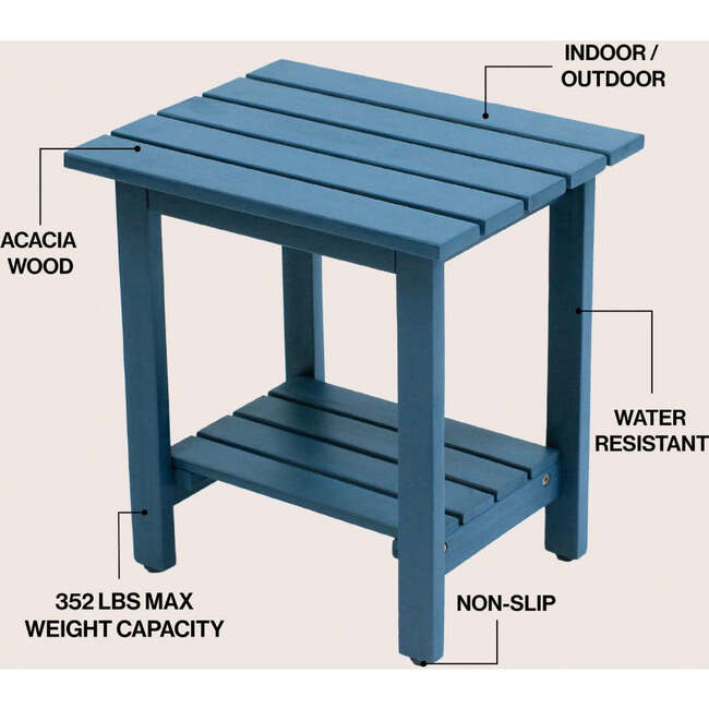 Kellie 16.1" Cottage Classic Slatted Solid Acacia Wood Indoor/Outdoor Side Table with Shelf, Nautical Blue - Accent Tables - 3